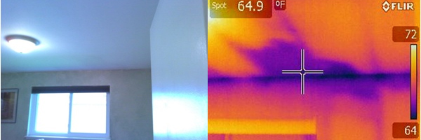 Two images side by side of a standard image of no roof leak seen next to an infrared image of the leak.