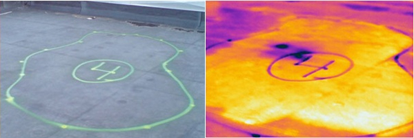 Regular image next to an infrared image of a roofing system that helps find the water damage.