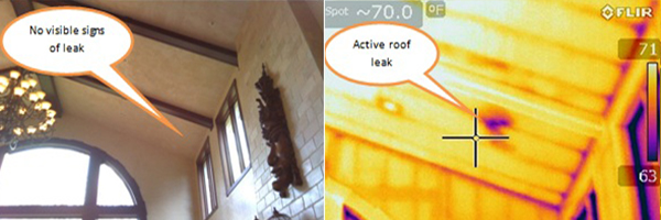 Side by side normal image of no visible roof leak, next to an infrared image of the roof leak.