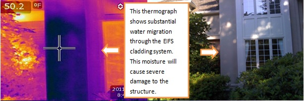 Infrared image of an exterior wall that shows water migration behind it.